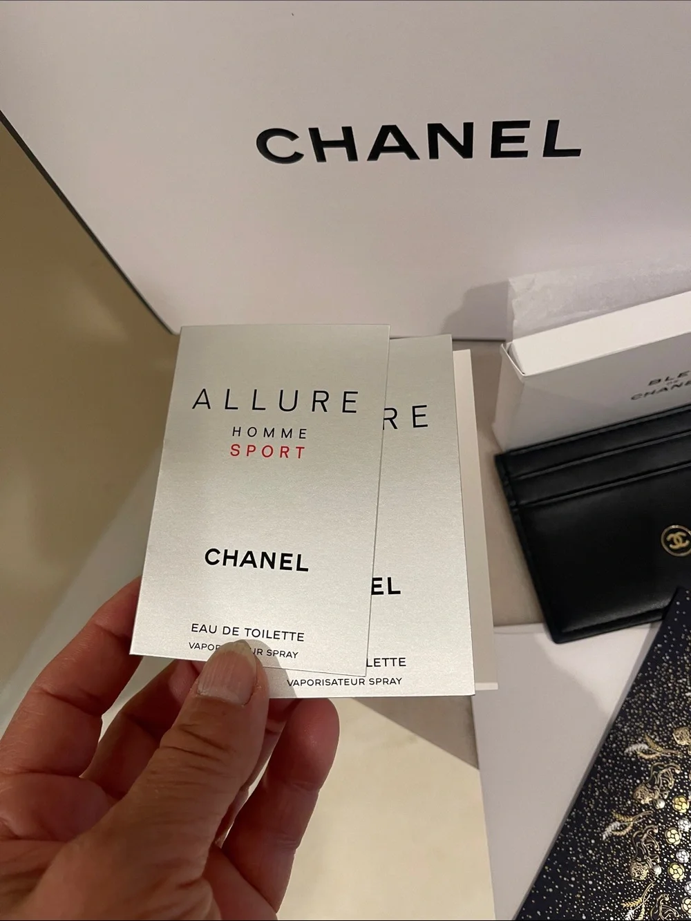 CHANEL Men’s Black Wallet & White Gift Presentation Set with Navy Accents